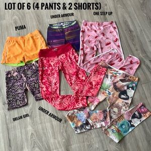Lot of 6: 4 pants and 2 shirts Under Armour, puma shorts